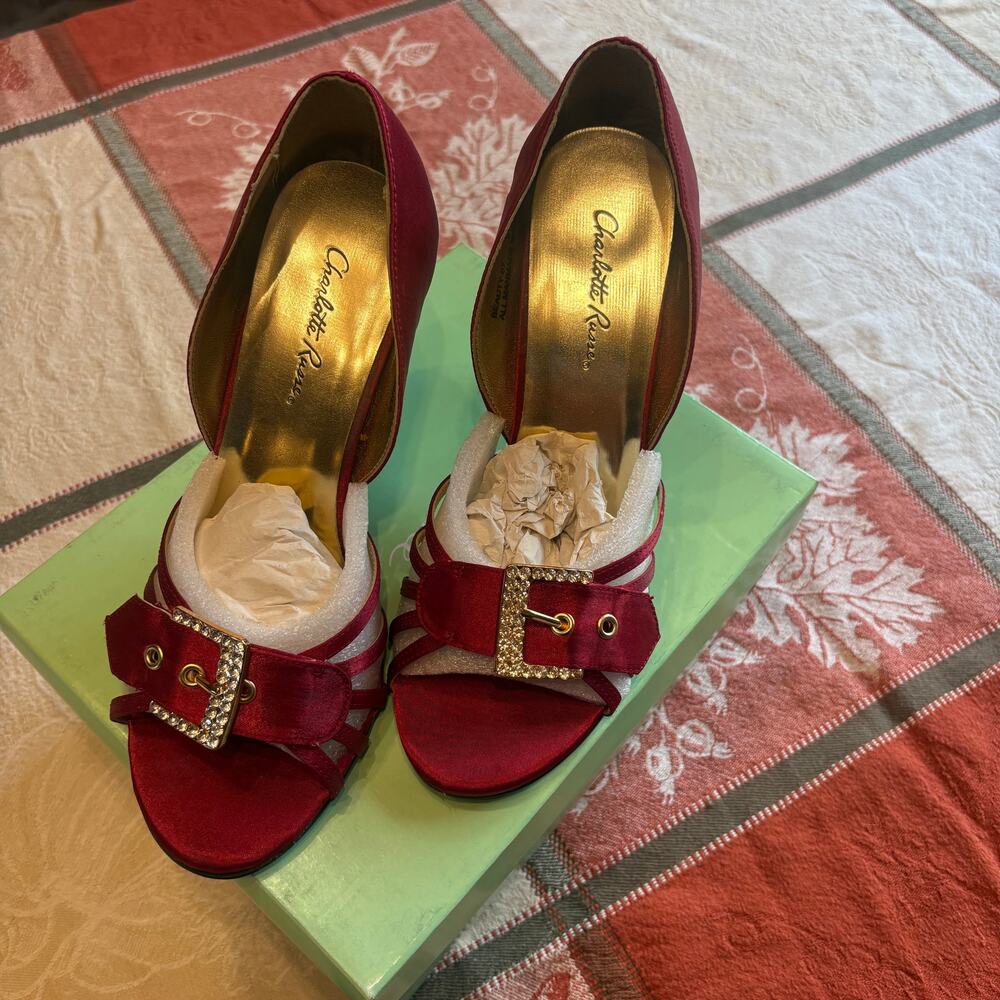 Y2K Charlotte Russe Red Satin Rhinestone Buckle Stiletto Heels 7